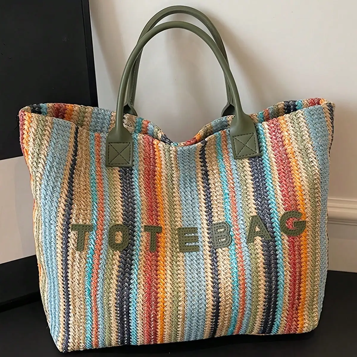 Straw Handbag Color Stripes Bohemian Style Letter Pattern Summer Beach Vacation Daily Outing Shopping