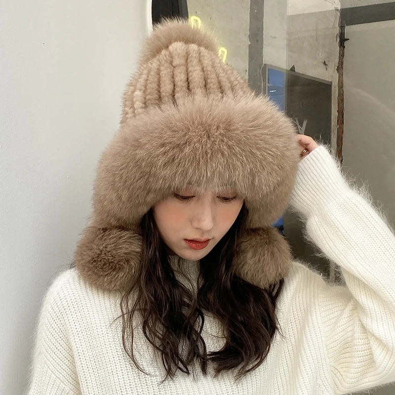 Winter Luxury New Real Mink Fur Hat for Women Handmade Knitted Fluffy Genuine Fox Fur Trimmed and Pompom Ball Caps with Earflap