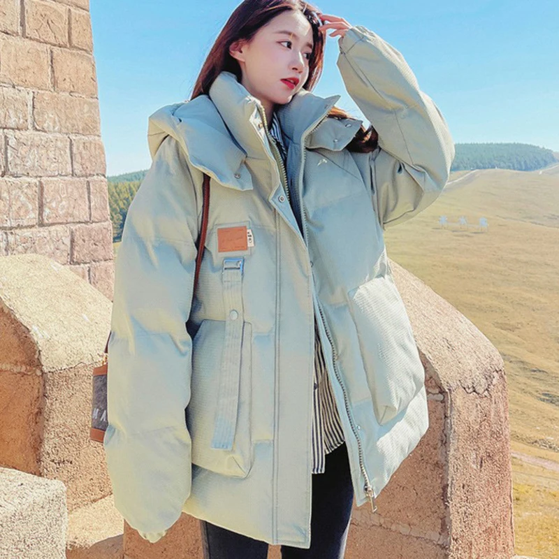 Winter Loose Hooded Puff Parkas Women Thicken Warm Stand Collar Cotton Padded Coats Woman Korean Long Sleeve Bread Jacekts Mujer