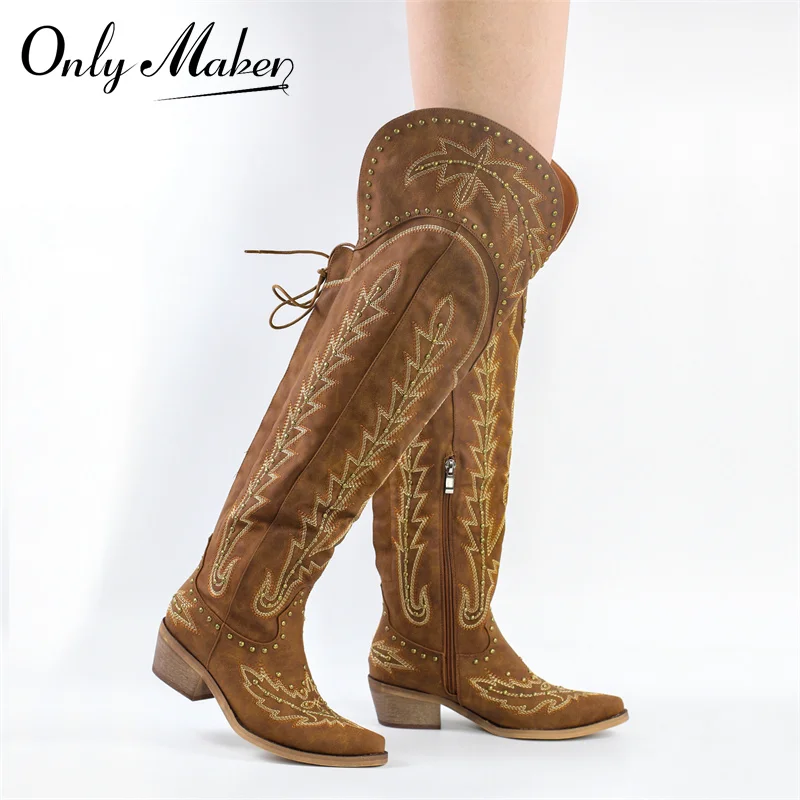 Onlymaker Women Lace UP Brown Over the Knee Boots Cowboy Boots Side Zipper Western Embroidery Thigh High Boots