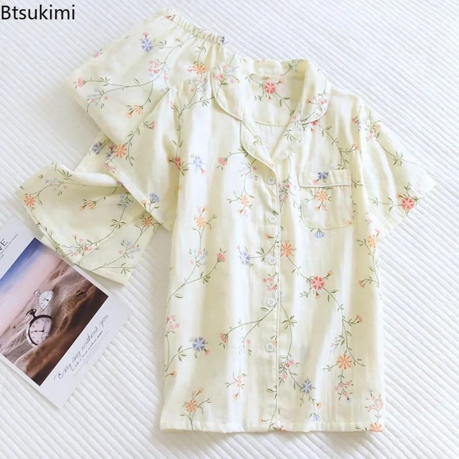 2026 Women's Summer Pajamas 100% Cotton Gauze Short Sleeve Trousers Pajamas Suit for Women Cute Print Pajamas Sets Home Female