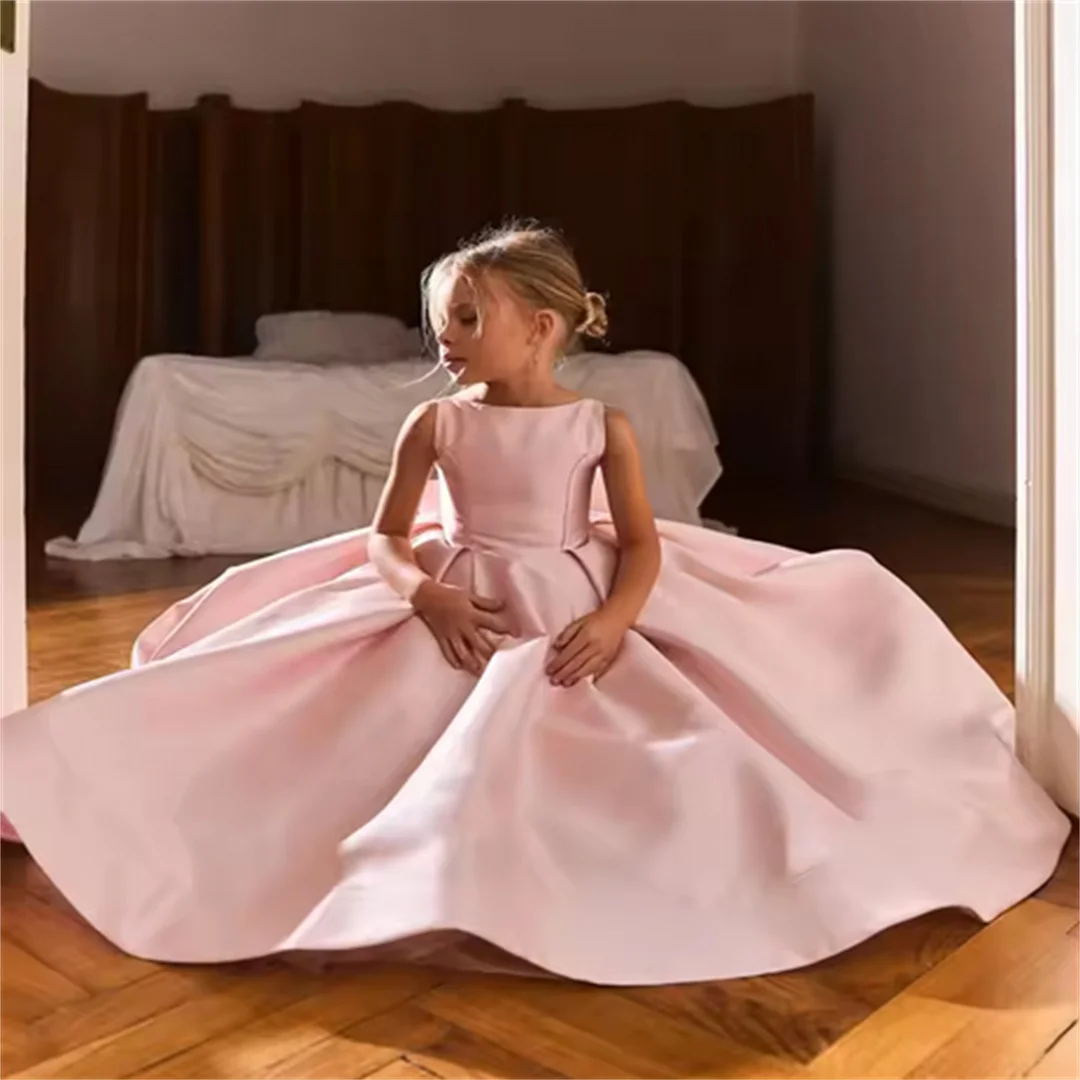 Customized Wedding Satin Communion Blush Pink Flower Girl Dress Girls Birthday Party Dress Teens Floor Length Communion