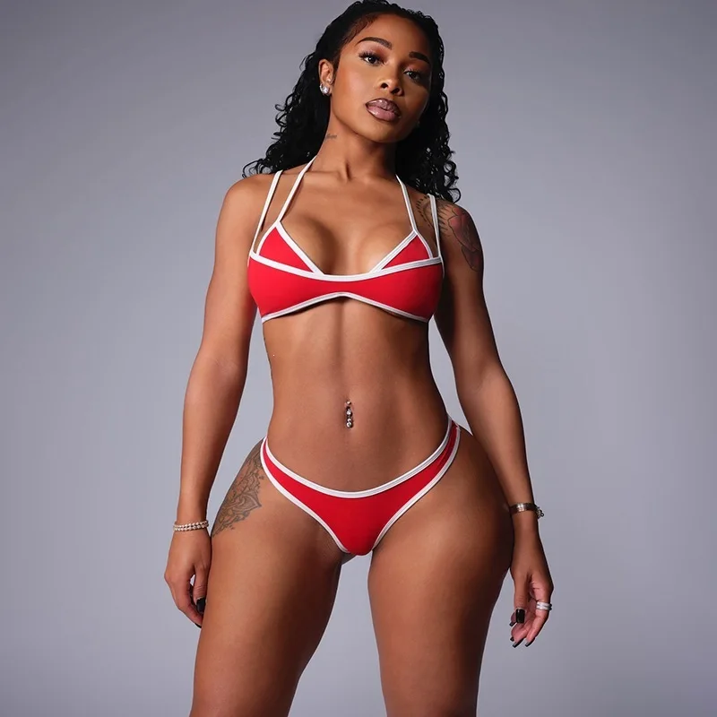 European American Spicy Girl Two Piece Set Women 2026 Summer Solid Creative Spliced Low Cut Cami Top Bikini Shorts
