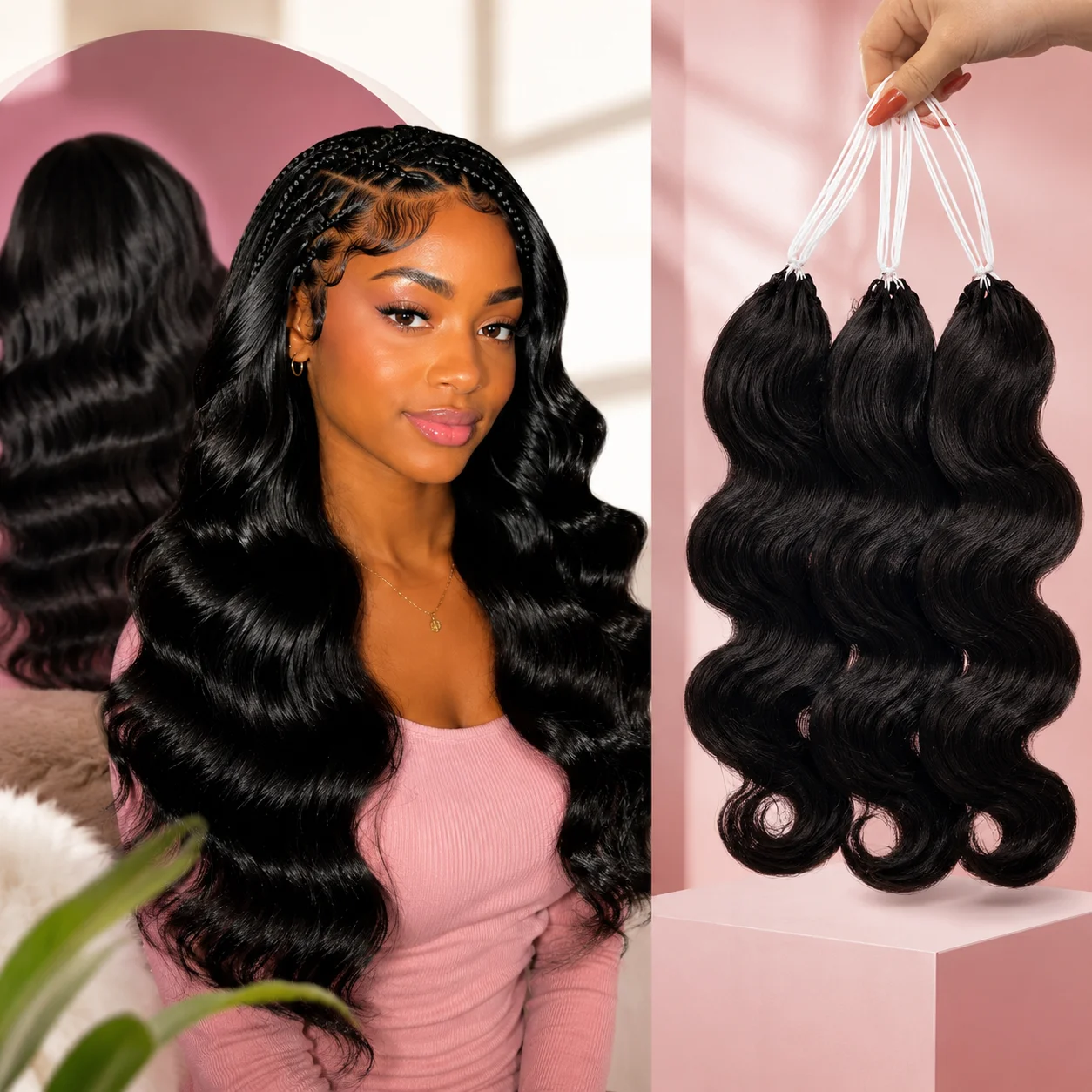 Body Wave Crochet Human Hair Extensions Natural Black Miracle Knots Feather Pre Separated Braiding Hair Lightweight Soft Full Ends Easy Install Reusable For Black Women