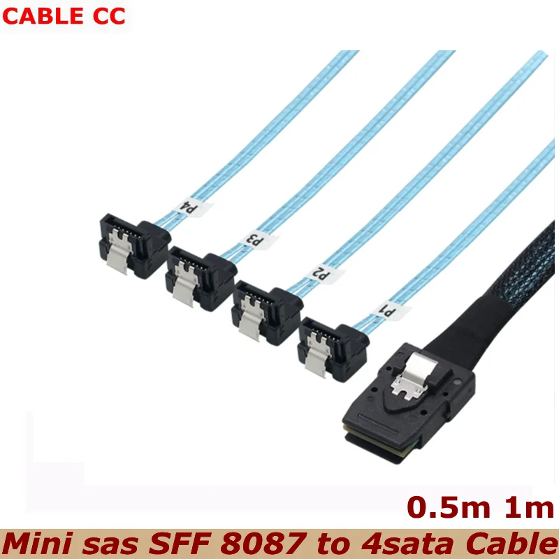 1m New Mini SAS to SATA Adapter Converter, SFF 8087 Controller 6gb to 90 Degrees 4xSATA Forward Breakout Internal Server Cable
