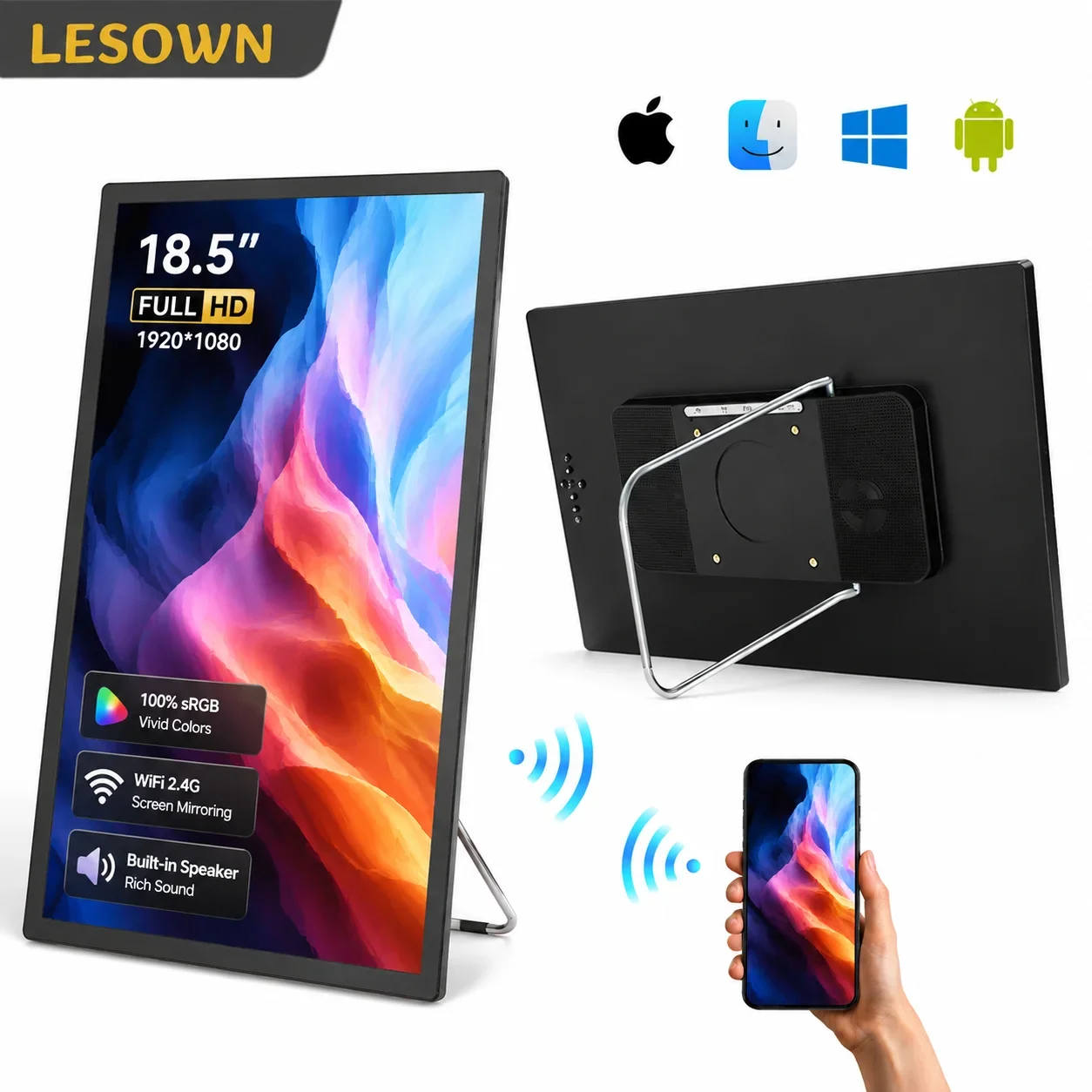 LESOWN 18.5 Inch Portable Monitor 1080P FHD 100% sRGB WiFi Wireless HDTV Secondary Screen for Laptop Phone Office Home