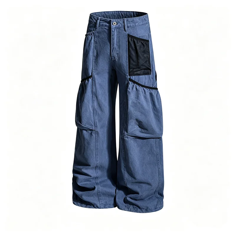 Men Vintage Carpenter Cargo Pants Mesh Multi Pockets Loose Wide Straight Leg Drawstring Hem Baggy Trousers Y2K Gardening Bottoms