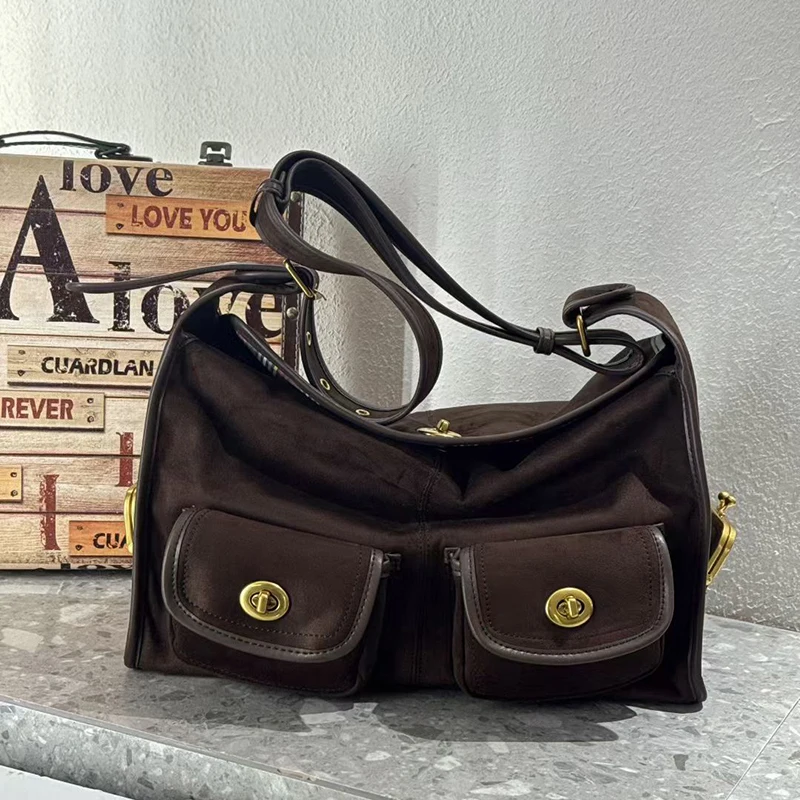 Casual Commuter Large Capacity Suede Pillow Bag Single Shoulder Crossbody Bag Vintage Style Polyester Lining Zipper Closure