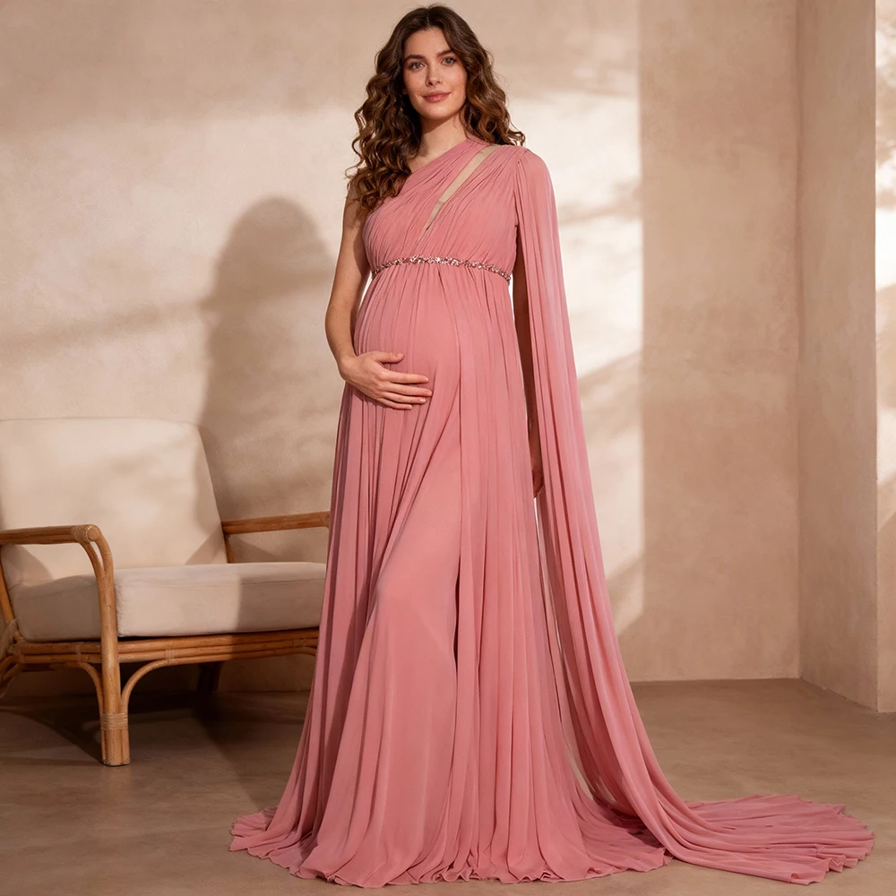 Elegant One Shoulder Cape Sleeve Maxi Photography Dress Soft Mesh Maternity Dress Photoshoot Pregnancy Shooting Dress #18811-1