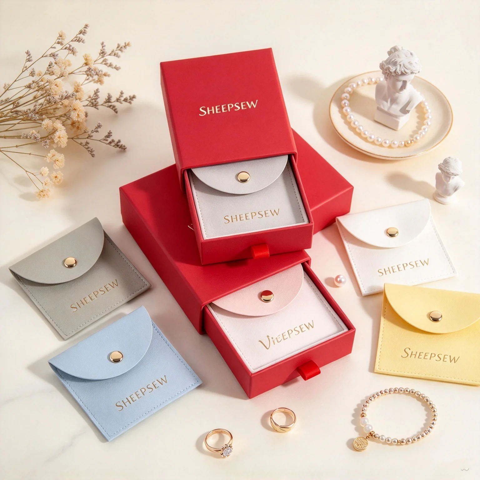 SHEEPSEW Custom Logo Christmas Red Jewelry Packaging Set 9x9x2.5cm Drawer Box with 8x8cm Microfiber Suede Snap Button Envelope J
