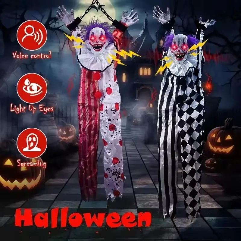 Halloween Party Props Animated Hanging Clown with Chain Glowing Eyes Creepy Sound for Haunted House Outdoor Yard Decoration