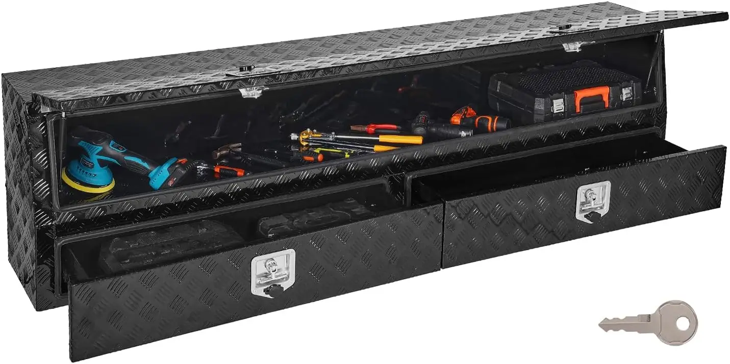 Contractor Truck Tool Box, 81.5 x 21 x 13 in, Black Tread Aluminum TopSider Toolbox with Two Lower Drawers, Flip Up Door, Weathe