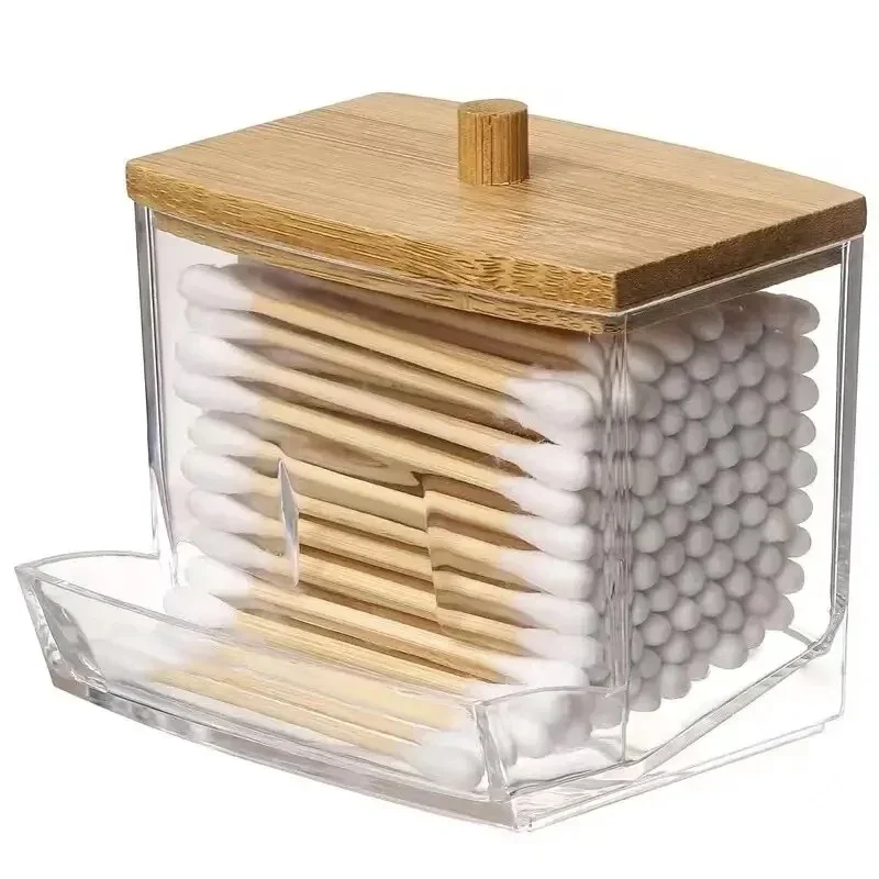 Double Head Cotton Swab Storage Box Transparent Square Bamboo Cover Cotton Buds Container Toothpick Organizer