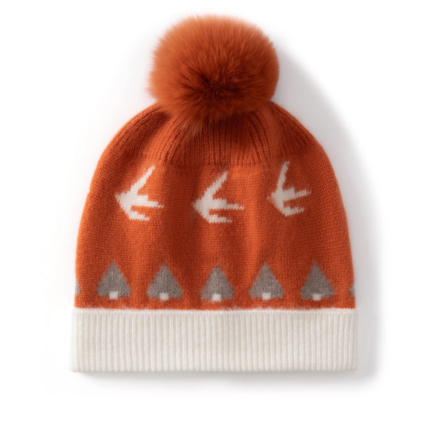 KOIJINSKY 35% Cashmere Knit Beanie Vintage Nordic Bird House Jacquard with Fluffy Pom Pom Foldable Rib Cuff Winter Hat for Women
