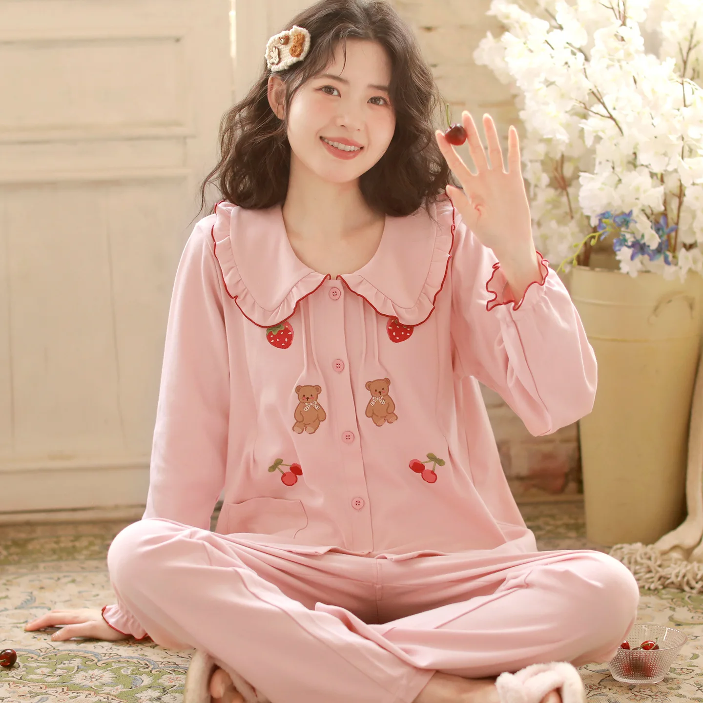 Postpartum clothing, spring and autumn pure cotton sleepwear for pregnant women, postpartum breastfeeding delivery home clothes