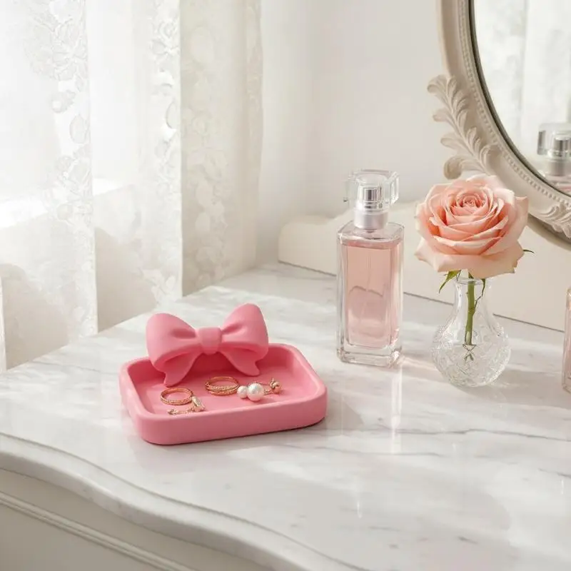 Jewelry Making Tools 1Pcs Heartshaped 3D Printed Jewellery Tray With Pink Bow Elegant Decor For Table Sink Office Desk Ring