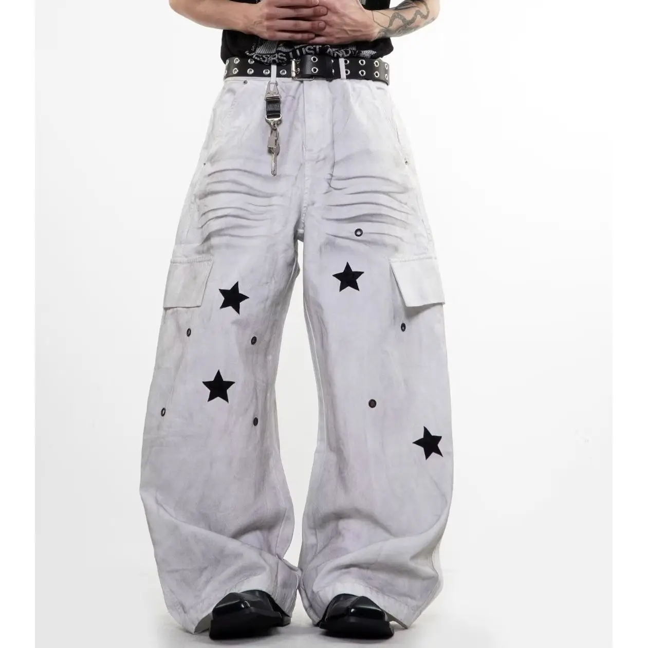 Men's Star Pattern Dirty White Vibe Casual Pants Wide Legs Sweatpants Boy Summer Bottom Male High Waist Unisex Baggy Trousers