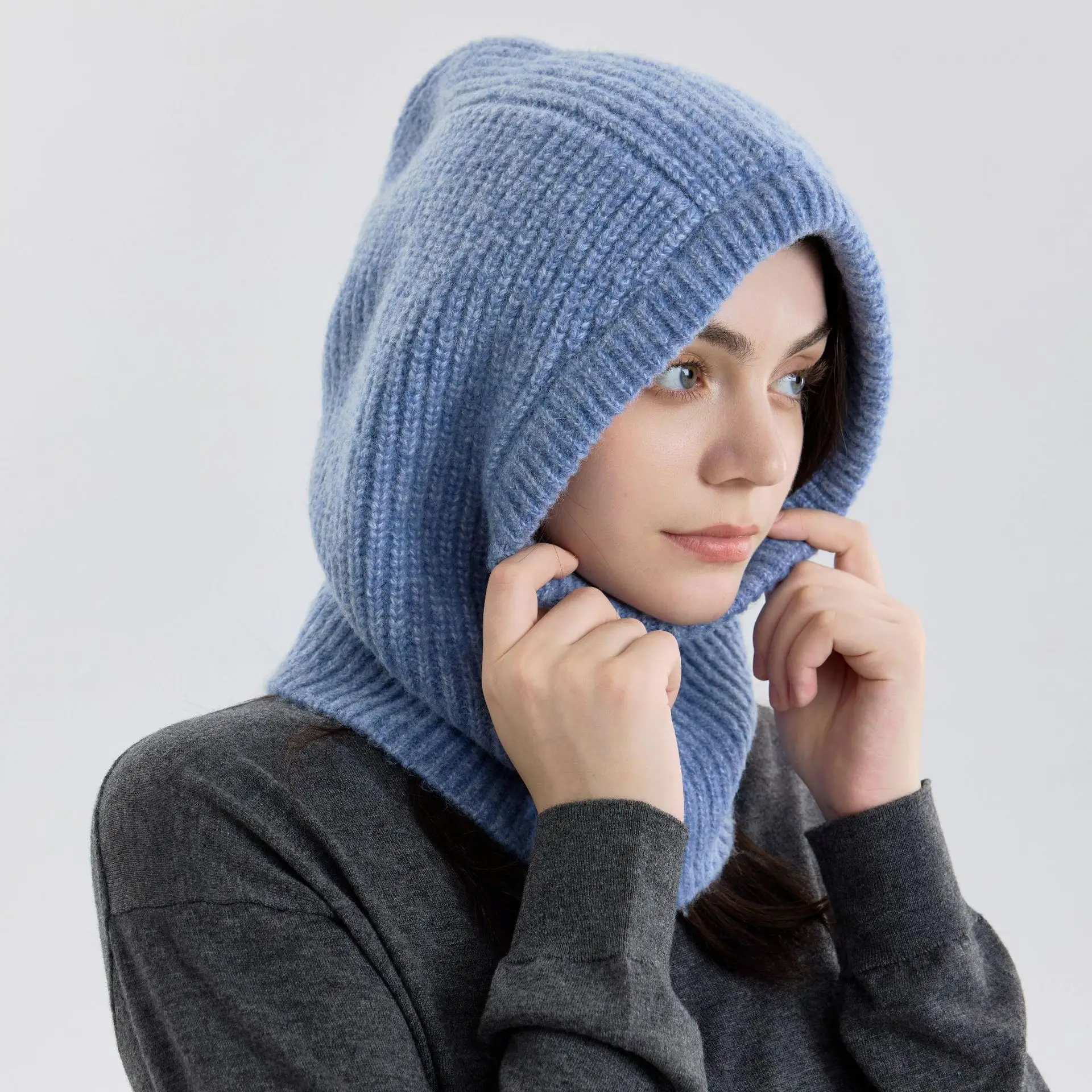 Balaclava hat wool blend solid color knitted women's autumn and winter fashionable warm personality pullover wool hat