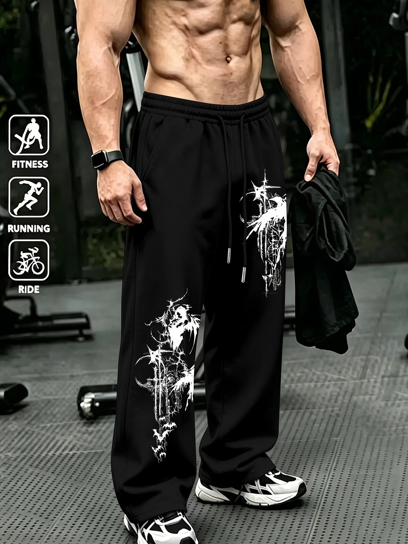 Men's loose casual pants with trendy printed hanging straight leg sports pants