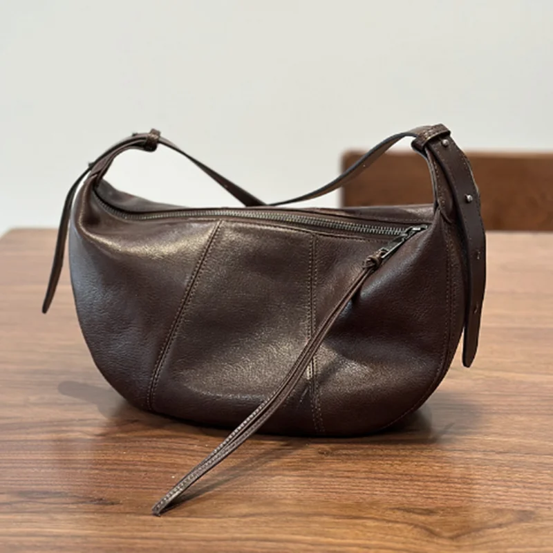 2026 New Genuine Leather Women's Bag Top Layer Cowhide Crossbody Casual Bag Crescent-shaped Saddle Single-Shoulder Bag