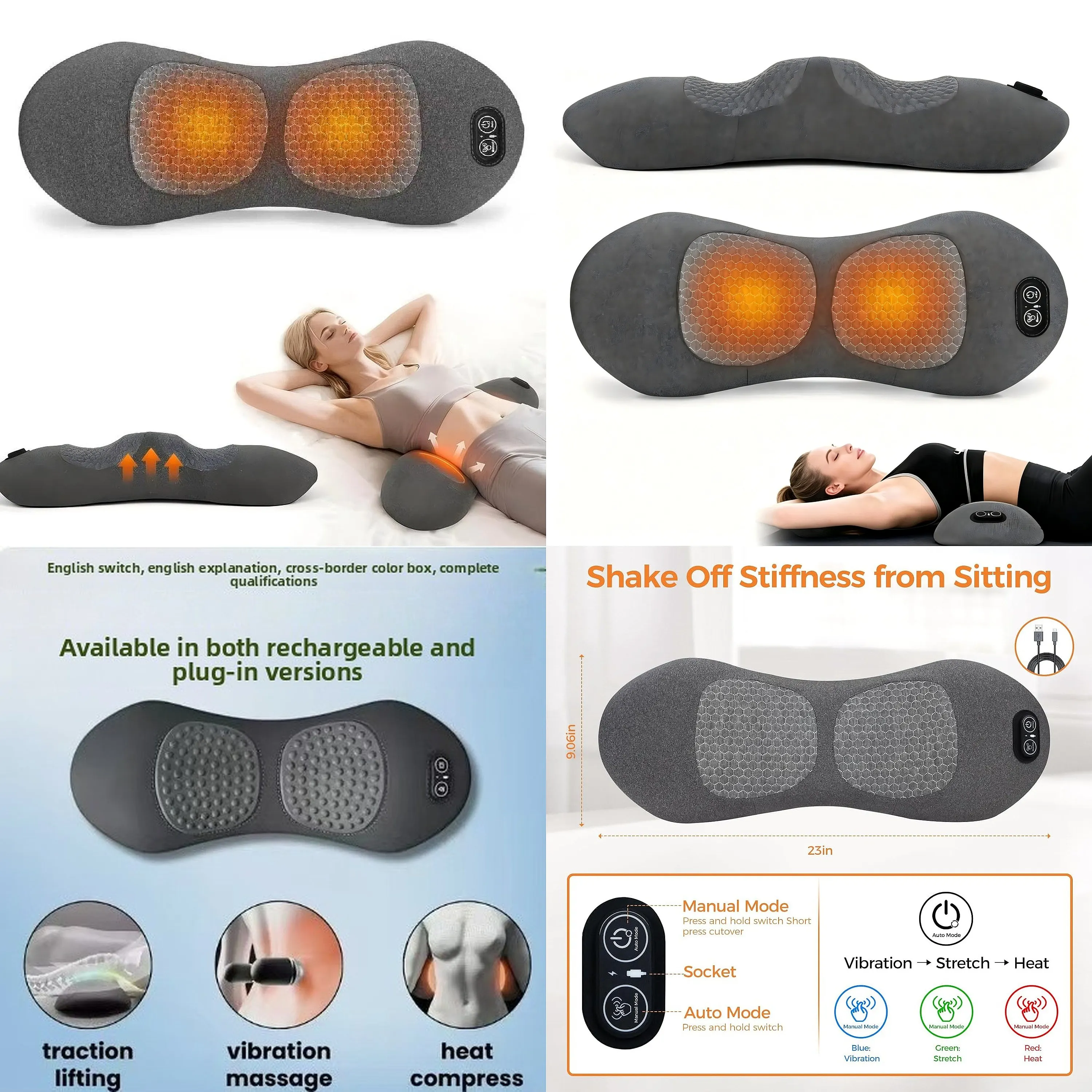 3-in-1 Plug-in Use Waist Support Pillow Adjustable Height Vibration Heating Musical Function Back Massager