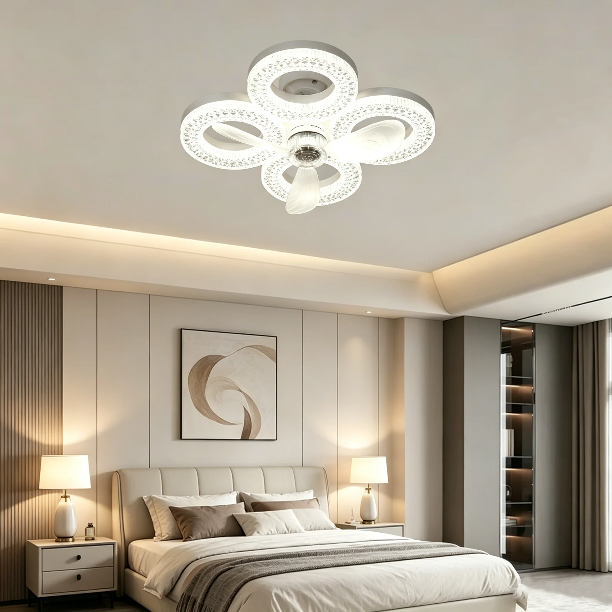 Dual Base Ceiling Fan Light E27 Wiring Stepless Dimmable 3 Speeds Timer LED Lamp for Living Room Bedroom Kitchen Homes Decors