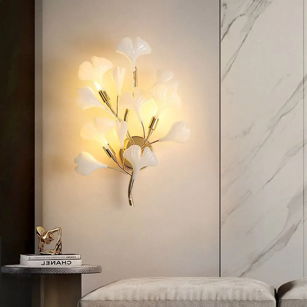 Modern LED Ginkgo Leaf Wall Lamp White Ceramic Gold Sconces Luxury Art Deco Lighting Fixtures for Bedroom Corridor Hallway