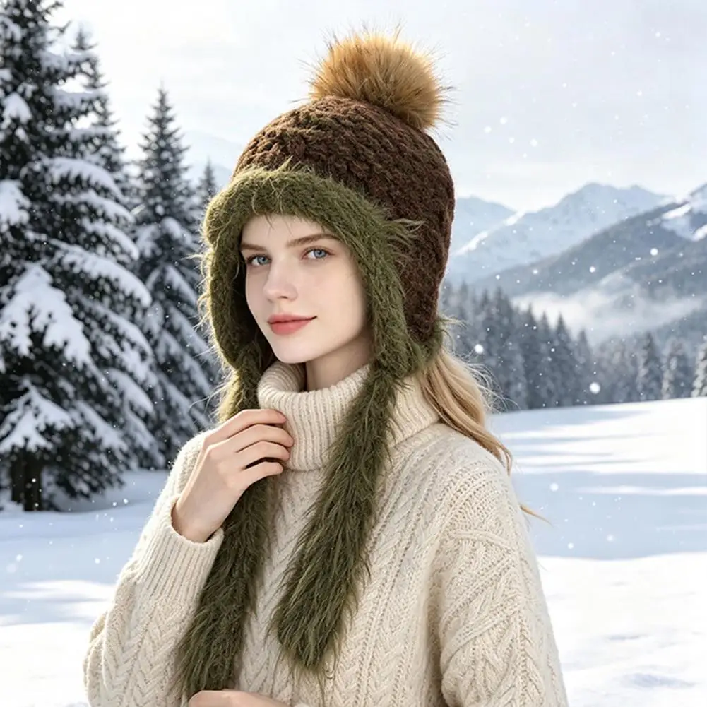 Warm Ear Protection Cap Thick Plush Edge Winter Hat Womens Knitted Earflap Hat with Fuzzy Trim Soft Warm Winter Pompom
