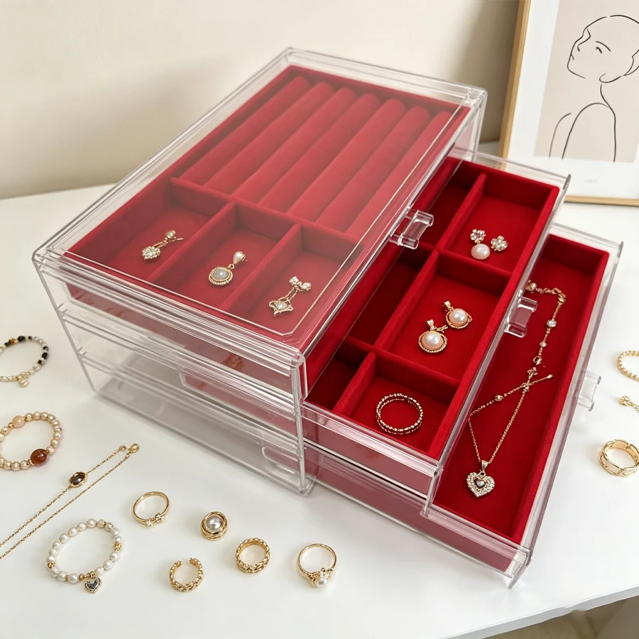 Red Two-in-One + Bias 6 + Empty Tray Drawer-Style Multi-Layer Jewelry Storage Box Dust-Proof Earrings, Necklaces and Accessories