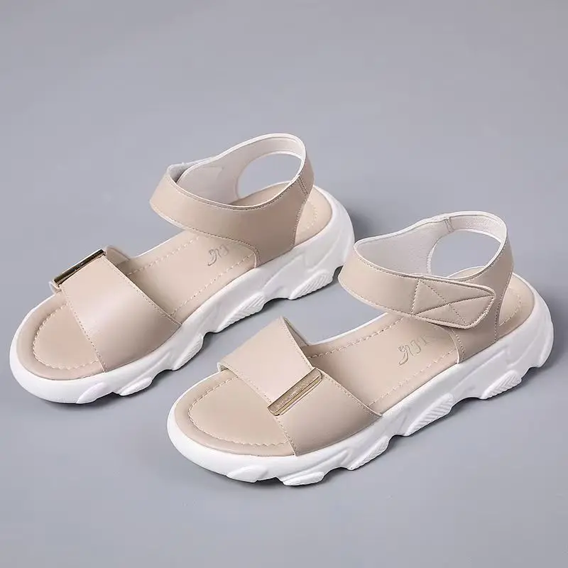 Women Summer New Big Size One word Print Sandals Soft sole Lightweight Velcro Outdoor Beach Sandals Casual Sports Sandals