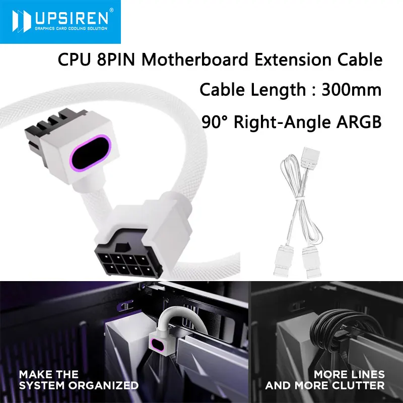 UPSIREN CPU 8Pin Motherboard Extension Cable,18AWG 90 Right-Angle Design, ARGB 5V 3Pin Male-to- Female Connectors Cable