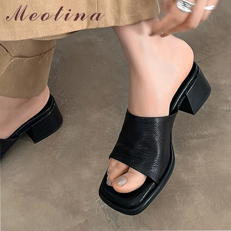 Meotina Women Genuine Leather Slides Square Toe Thick Mid Heels Sandals Sheepskin Concise Slippers Ladies Fashion Shoes Summer