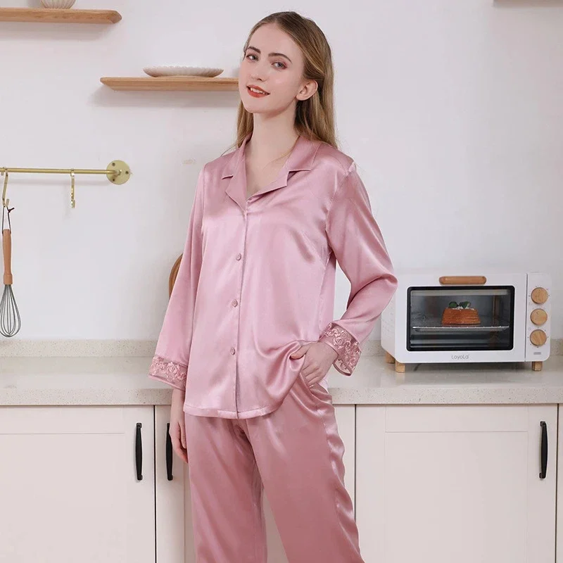 19MM Natural Mulberry Silk Pajama Set Lace Trim Long-sleeved Pyjamas Button Down Lapel Cardigan Pajamas Two Pieces Loungewear PJ