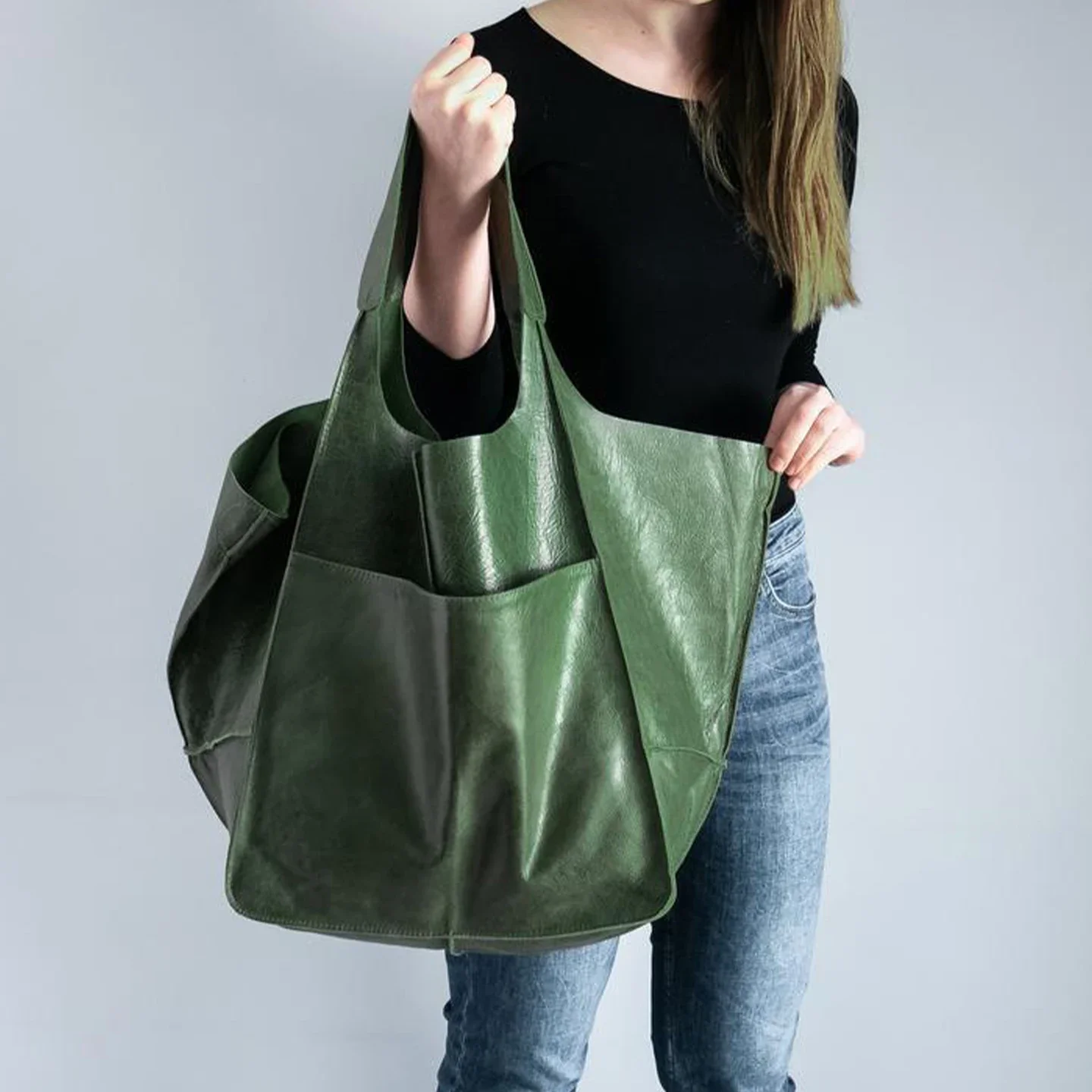 Women Oversized Solid Color PU Tote Bag Large Capacity Minimalist Casual Shoulder Handbag Daily Outdoor Shopping Storage Bag