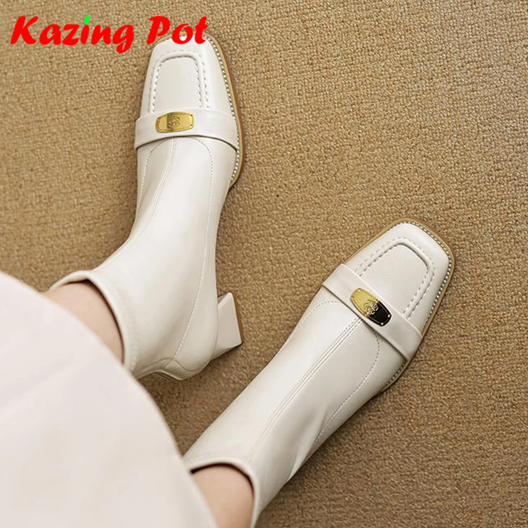 Krazing Pot Microfiber Square Toe Elegant Thick Heels Fashion Boots Autumn Metal Decoration Women Size 42 Stretch Ankle Boots