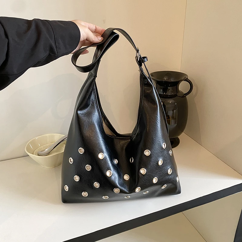Rivet Eyelet Hobo Bag Women Soft PU Leather Shoulder Bag Adjustable Wide Strap Casual Large Capacity Underarm Tote Handbag