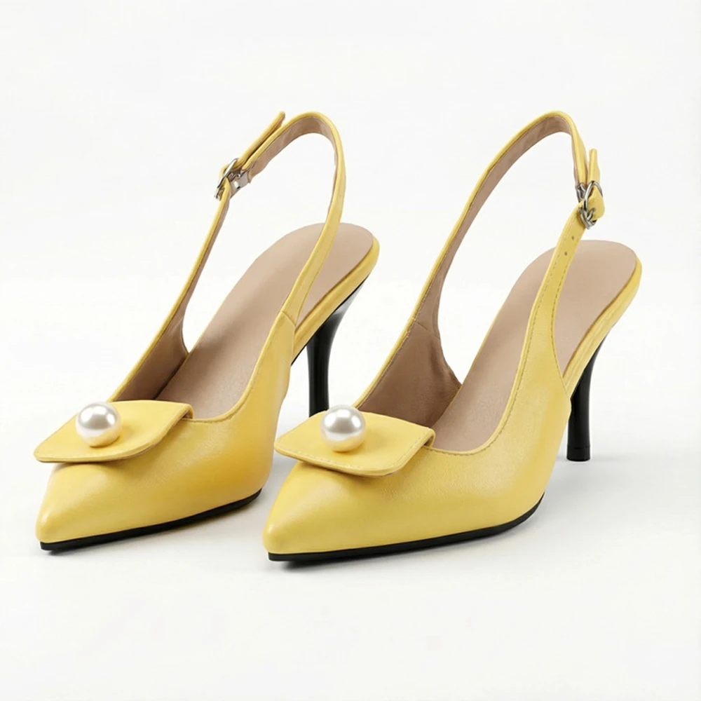 Women's Pearl Decor Slingback Heels Pointed Toe Stiletto Plus Size 34-48 7 Colors Pumps Elegant Dress Sandals 7780