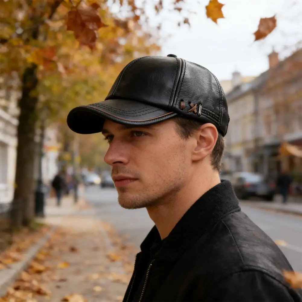 Solid Color Cap Adjustable Faux Leather Baseball Cap with Fleece Lining Windproof Hood Outdoor Hat Warm Solid Color Fall Winter
