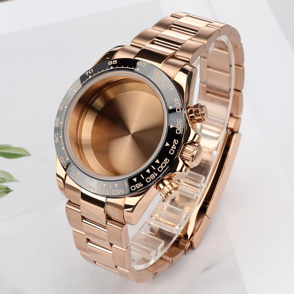 39mm Rose Gold Watch Cases Sapphire For Daytona Style VK63 Quartz Automatic Movt 316L Stainless Steel Bracelet Mechanical Watch
