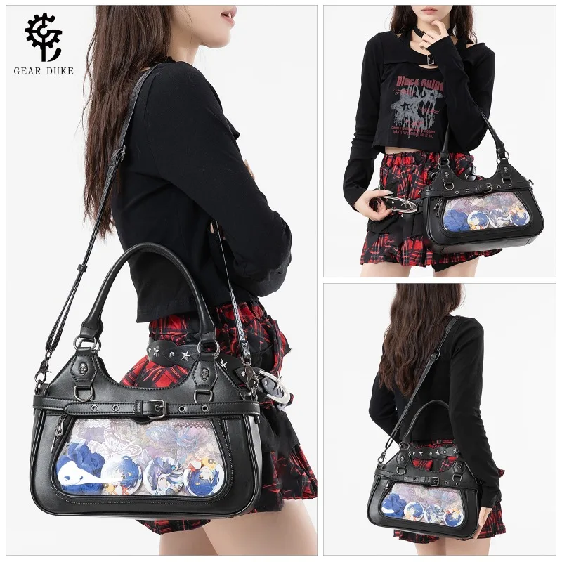 Y2K Style Gothic Lolita Ita Bag, Black PU Leather Handbag with Crossbody Strap for Anime Pins Display & Daily Streetwear