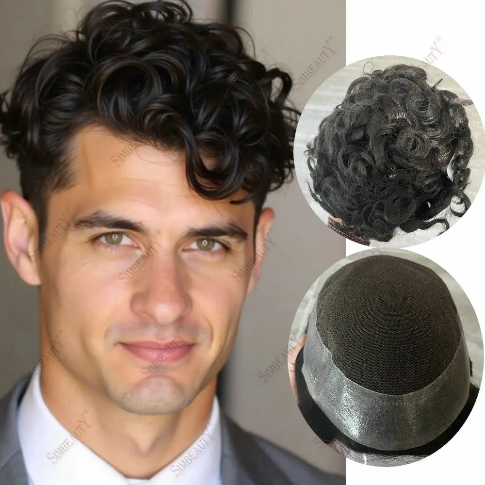 28mm Curly New Toupee Breathable Lace With Thin Skin PU Base Brown Grey Human Hair System Prosthesis Male Hair Pieces Men's Wig