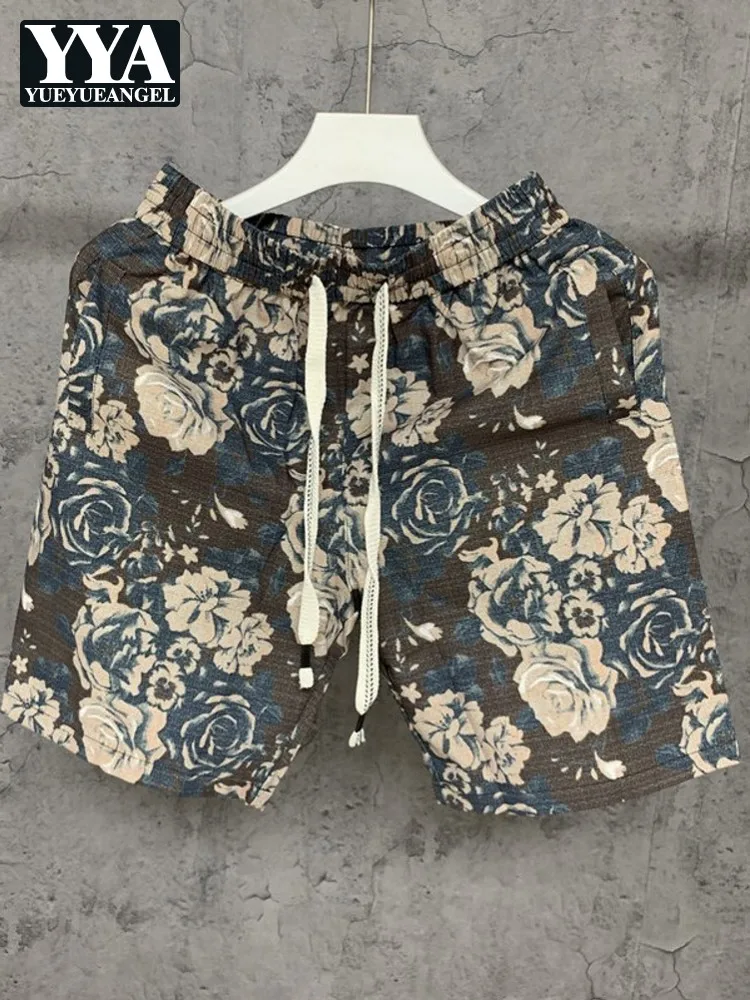 Summer Men Printed Casual Knee Length Shorts Fashion Outdoor Beach Short Trousers Elastic Waist Drawstring Straight Trouser