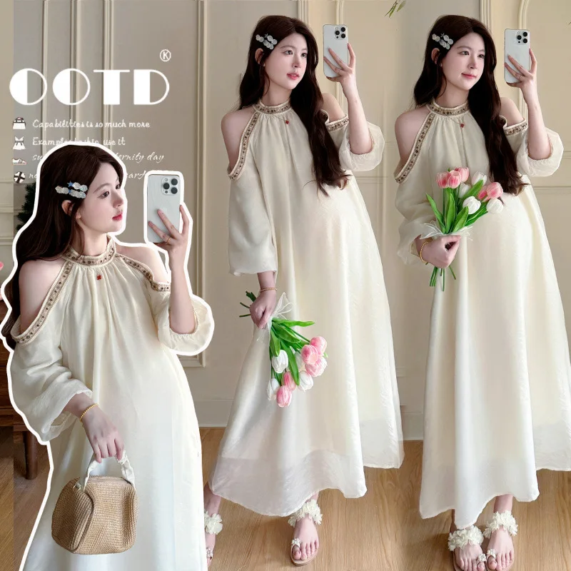 Maternity Dress Spring Summer 2026 Boho Off Shoulder Long Sleeve Flowy Soft Maxi Dress For Pregnant Women Vacation