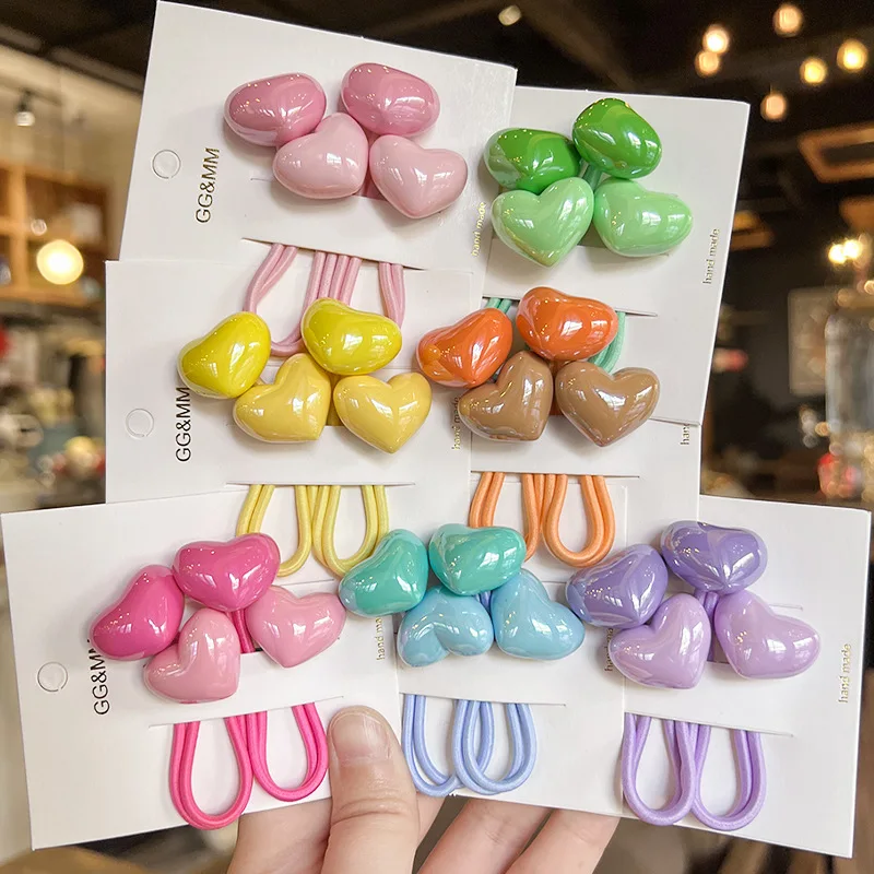 ouble Heart Hair Ties Korean Kids Colorful Elastic Ponytail Holders High Elasticity Non Slip Contrast Color