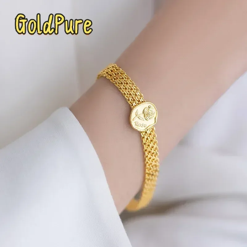 Goldpure Women's 9999 24K Real Gold Niche Light Luxury High-end Woven Little Prince Dial Bracelet Design Rose Width Wedding Gift