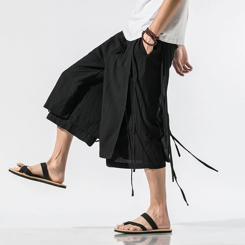 Summer Shorts Mens Chinese Style Retro Traditional Cotton Linen Pants Male Solid Loose Casual Wide Leg Trousers Men's Streetwear