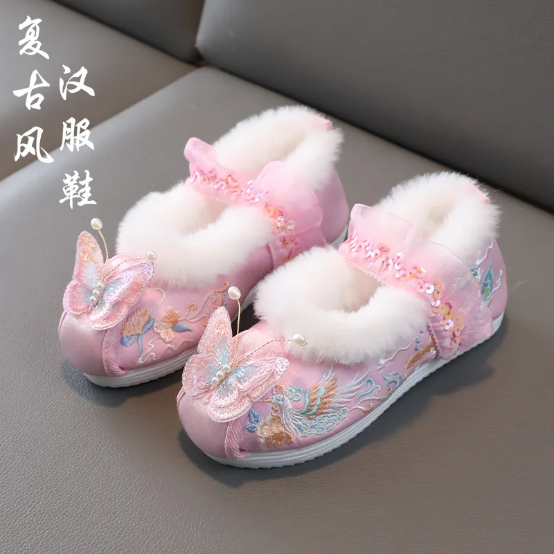 Girls' Winter Fleece-Lined Chinese Style Han Costume Embroidered Shoes All-Matching New Year Tangzhuang Ancient shoes