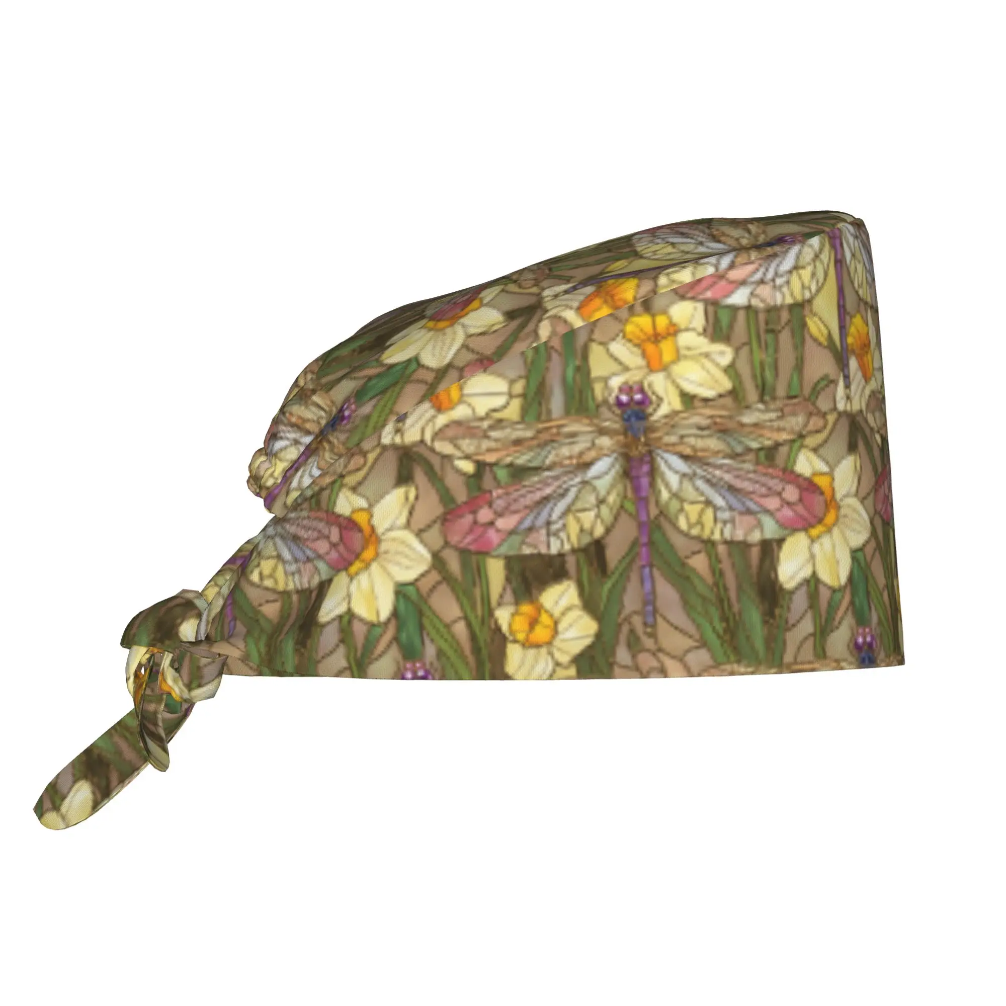 Adjustable Dragonflies and Daffodil Flowers Working Hat Men Women  Surgical Hat Scrub Nursing Doctor Surgeon Cap for Nurse