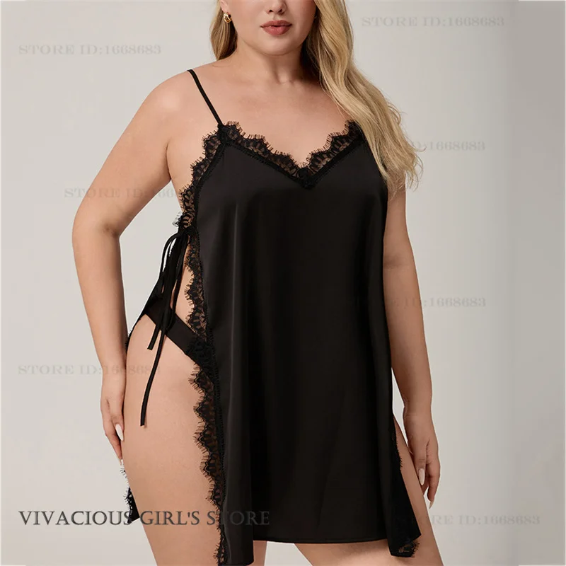 Sexy Lace Intimate Suspender Nightgown Summer Female Chemise Sleepwear Temptation Split Night Dress Underwear Ice Silk Homewear