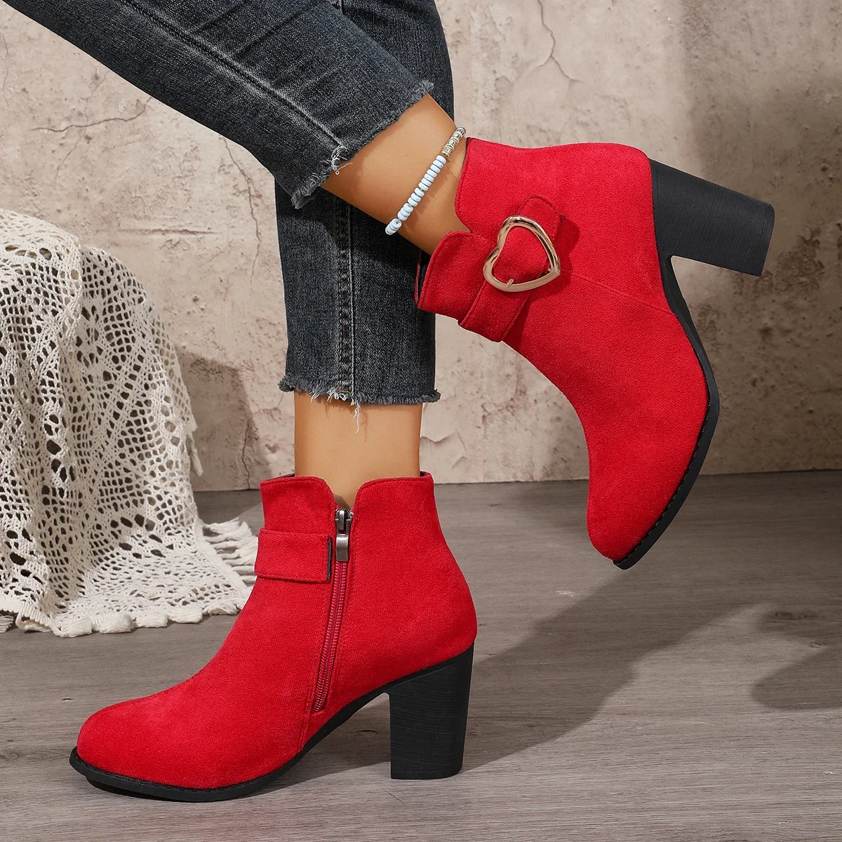2026 New Women Short Boots Zippers Autumn Winter Red Hollow Out Heart-shaped Metal Decoration Wedding Shoes Plus Size High Heels